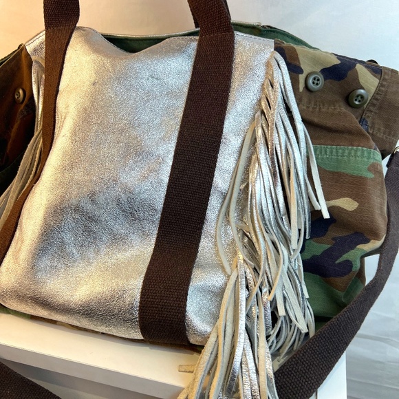 Silver Fringed Leather with Camo Fabric Hybrid Bag - Picture 6 of 16